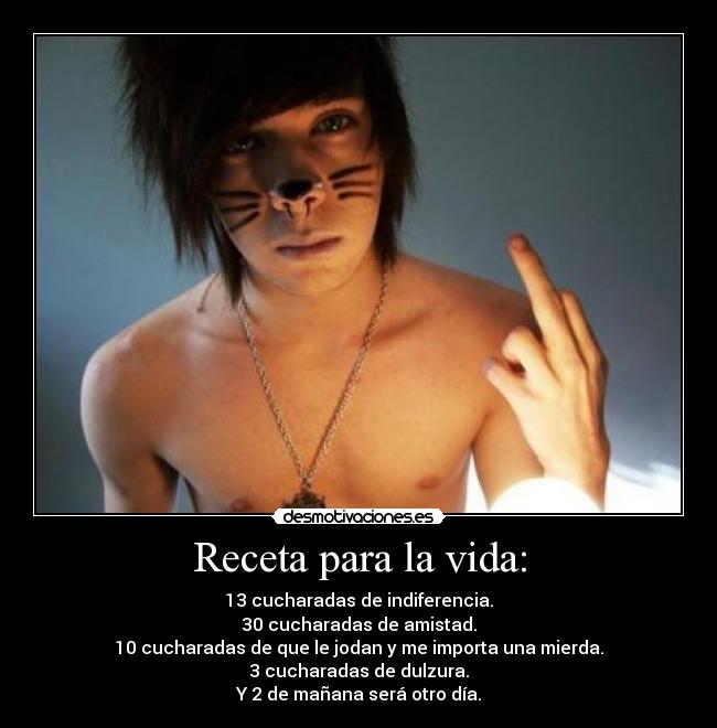 Receta para la vida: - 13 cucharadas de indiferencia.
30 cucharadas de amistad.
10 cucharadas de que le jodan y me importa una mierda.
3 cucharadas de dulzura.
Y 2 de mañana será otro día.