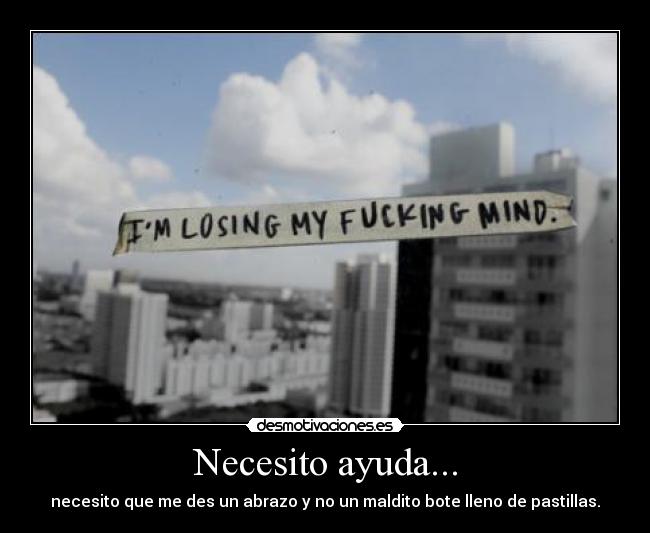 carteles ayuda estoy perdiendo jodida cordura mente edificio cielo ayuda necesitar bote pastillas abrazo desmotivaciones