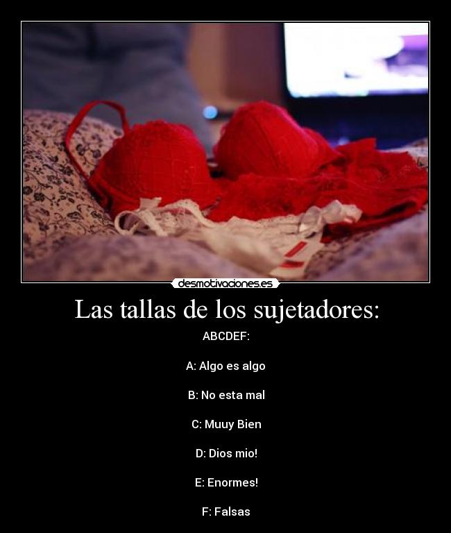 Las tallas de los sujetadores: - ABCDEF:

A: Algo es algo

B: No esta mal

C: Muuy Bien

D: Dios mio!

E: Enormes!

F: Falsas