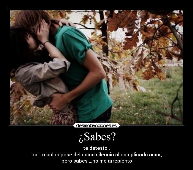 ¿Sabes? - te detesto .
por tu culpa pase del como silencio al complicado amor,
pero sabes ...no me arrepiento