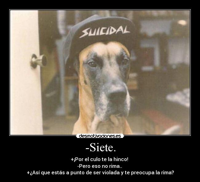 -Siete. - +¡Por el culo te la hinco! 
-Pero eso no rima.. 
+¿Así que estás a punto de ser violada y te preocupa la rima?