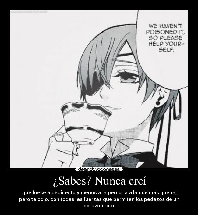 ¿Sabes? Nunca creí - que fuese a decir esto y menos a la persona a la que más quería;
pero te odio, con todas las fuerzas que permiten los pedazos de un
corazón roto.