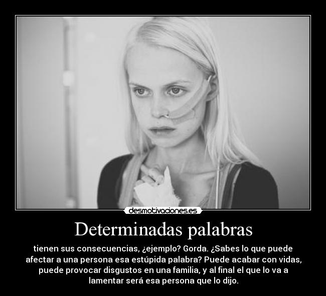 Determinadas palabras - tienen sus consecuencias, ¿ejemplo? Gorda. ¿Sabes lo que puede
afectar a una persona esa estúpida palabra? Puede acabar con vidas,
puede provocar disgustos en una familia, y al final el que lo va a
lamentar será esa persona que lo dijo.