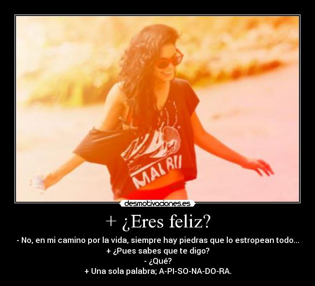 + ¿Eres feliz? - - No, en mi camino por la vida, siempre hay piedras que lo estropean todo...
+ ¿Pues sabes que te digo?
- ¿Qué?
+ Una sola palabra; A-PI-SO-NA-DO-RA.