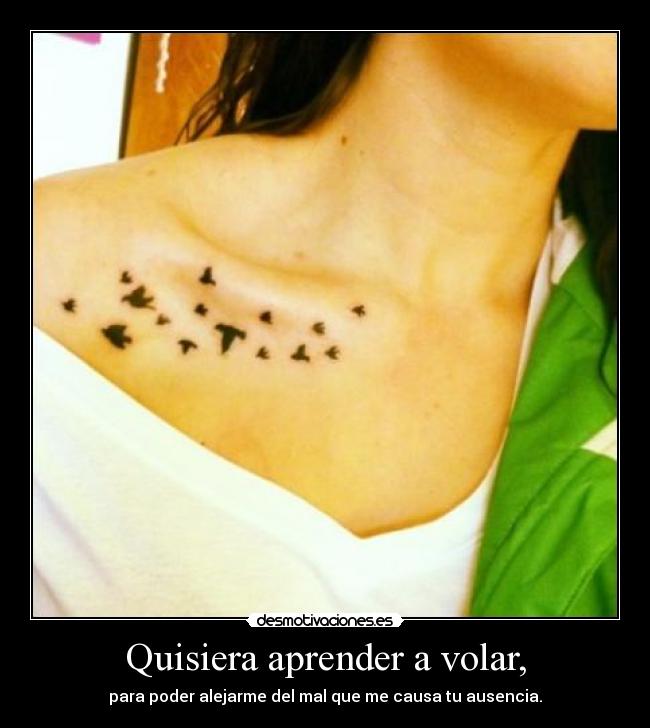 Quisiera aprender a volar, - para poder alejarme del mal que me causa tu ausencia.