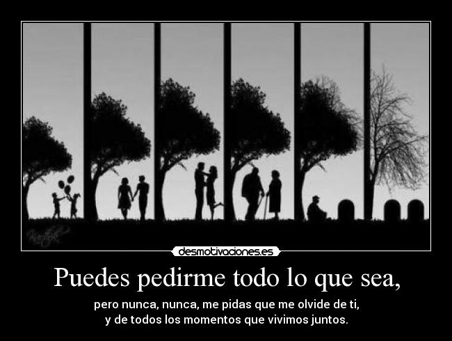 Puedes pedirme todo lo que sea, - pero nunca, nunca, me pidas que me olvide de ti,
y de todos los momentos que vivimos juntos.