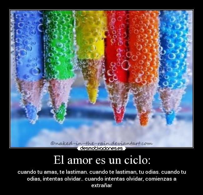 El amor es un ciclo: - cuando tu amas, te lastiman. cuando te lastiman, tu odias. cuando tu
odias, intentas olvidar.. cuando intentas olvidar, comienzas a
extrañar