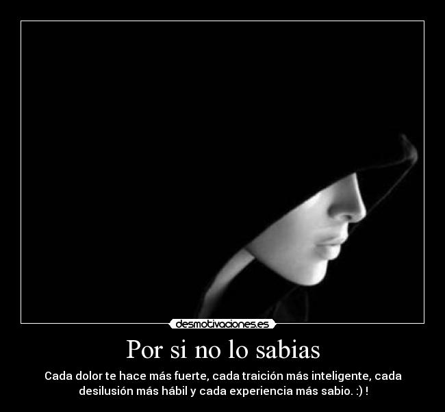Por si no lo sabias - Cada dolor te hace más fuerte, cada traición más inteligente, cada
desilusión más hábil y cada experiencia más sabio. :) !