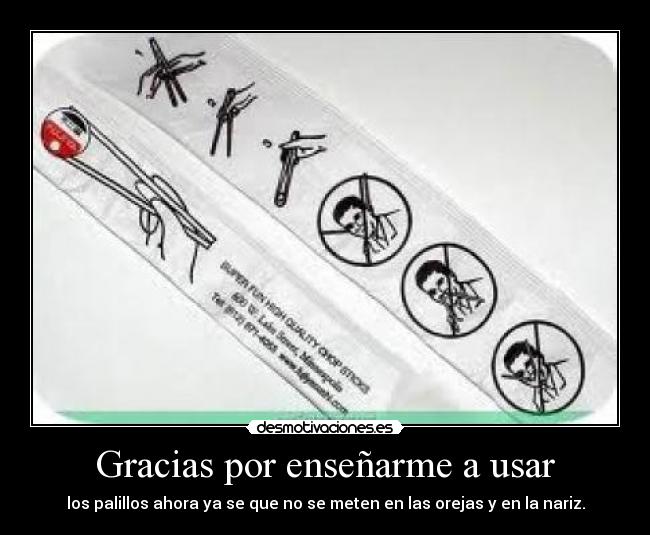 Gracias por enseñarme a usar - los palillos ahora ya se que no se meten en las orejas y en la nariz.
