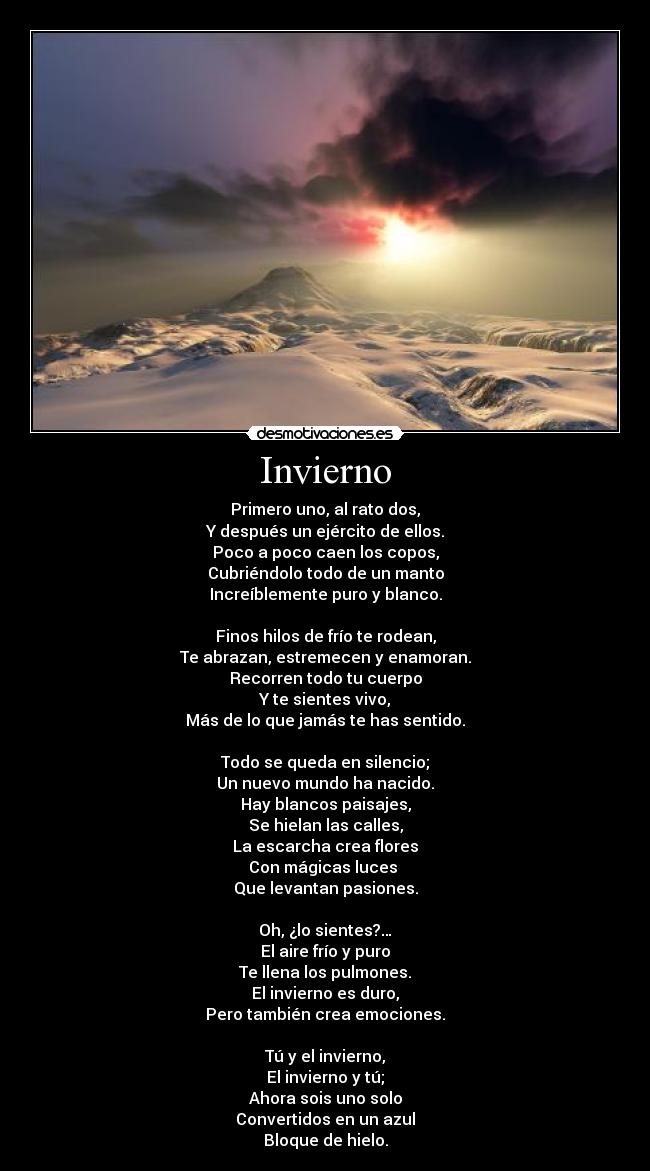 Invierno - Primero uno, al rato dos,
Y después un ejército de ellos.
Poco a poco caen los copos,
Cubriéndolo todo de un manto
Increíblemente puro y blanco.

Finos hilos de frío te rodean,
Te abrazan, estremecen y enamoran.
Recorren todo tu cuerpo
Y te sientes vivo,
Más de lo que jamás te has sentido.

Todo se queda en silencio;
Un nuevo mundo ha nacido.
Hay blancos paisajes,
Se hielan las calles,
La escarcha crea flores
Con mágicas luces 
Que levantan pasiones.

Oh, ¿lo sientes?…
El aire frío y puro
Te llena los pulmones.
El invierno es duro,
Pero también crea emociones.

Tú y el invierno,
El invierno y tú;
Ahora sois uno solo
Convertidos en un azul
Bloque de hielo.