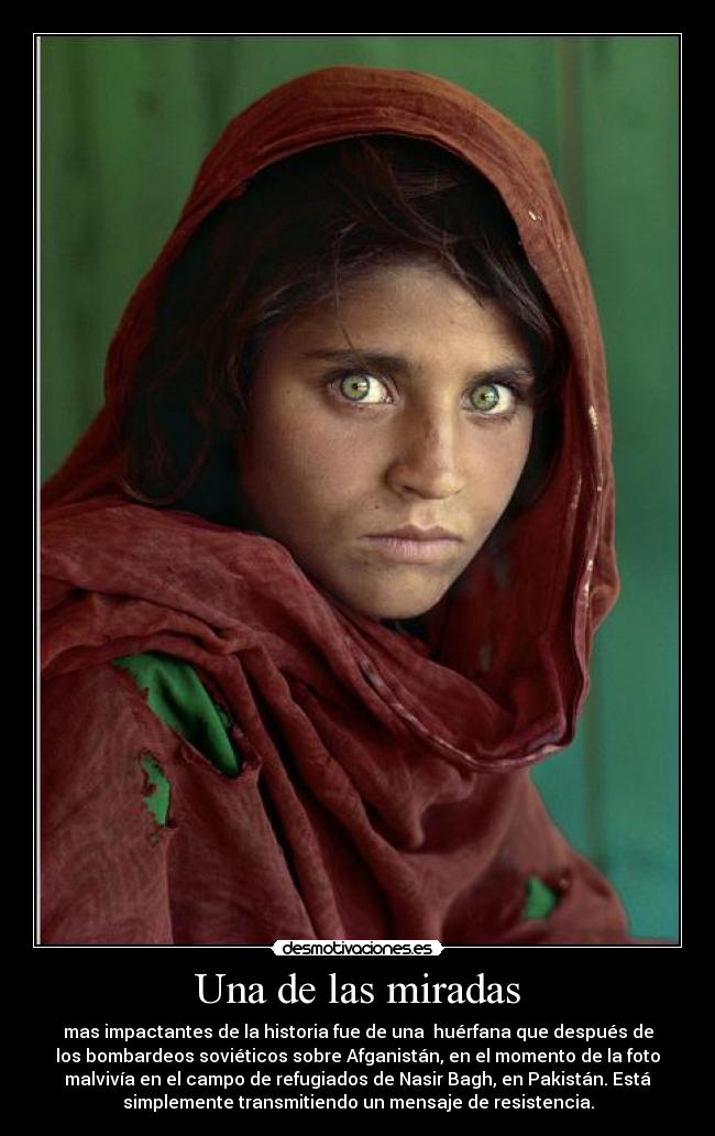 Una de las miradas - mas impactantes de la historia fue de una huérfana que después de
los bombardeos soviéticos sobre Afganistán, en el momento de la foto
malvivía en el campo de refugiados de Nasir Bagh, en Pakistán. Está
simplemente transmitiendo un mensaje de resistencia.