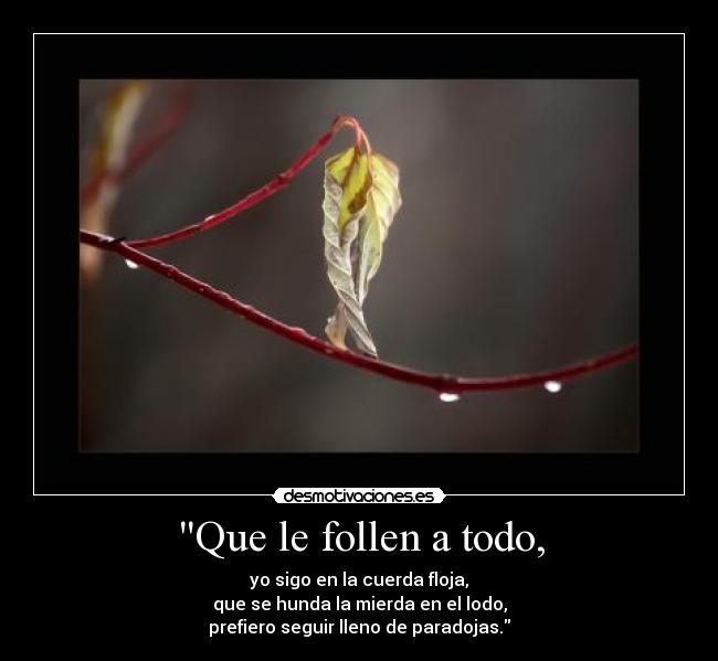 Que le follen a todo, - yo sigo en la cuerda floja,
que se hunda la mierda en el lodo,
prefiero seguir lleno de paradojas.