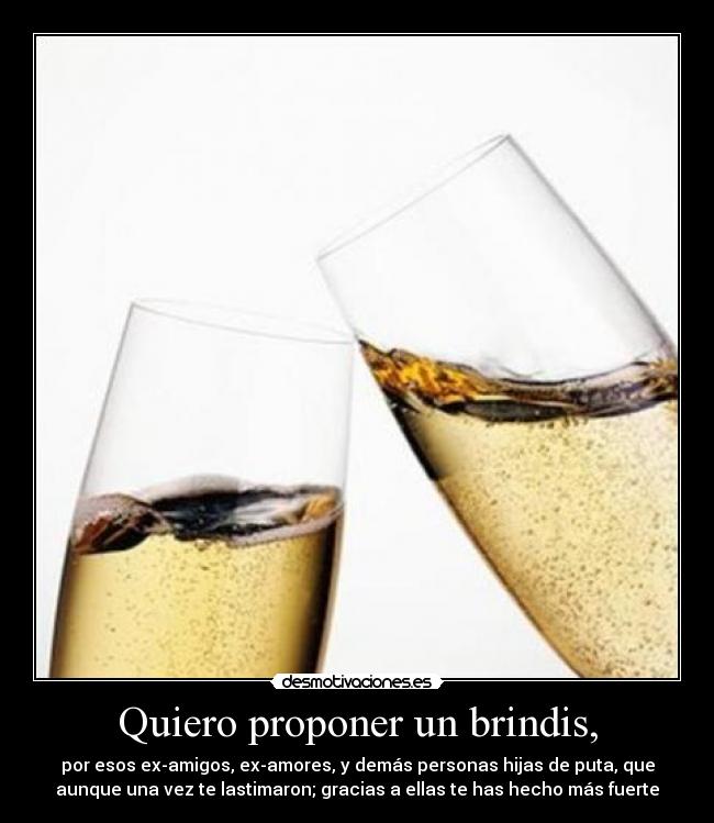 Quiero proponer un brindis, - por esos ex-amigos, ex-amores, y demás personas hijas de puta, que
aunque una vez te lastimaron; gracias a ellas te has hecho más fuerte
