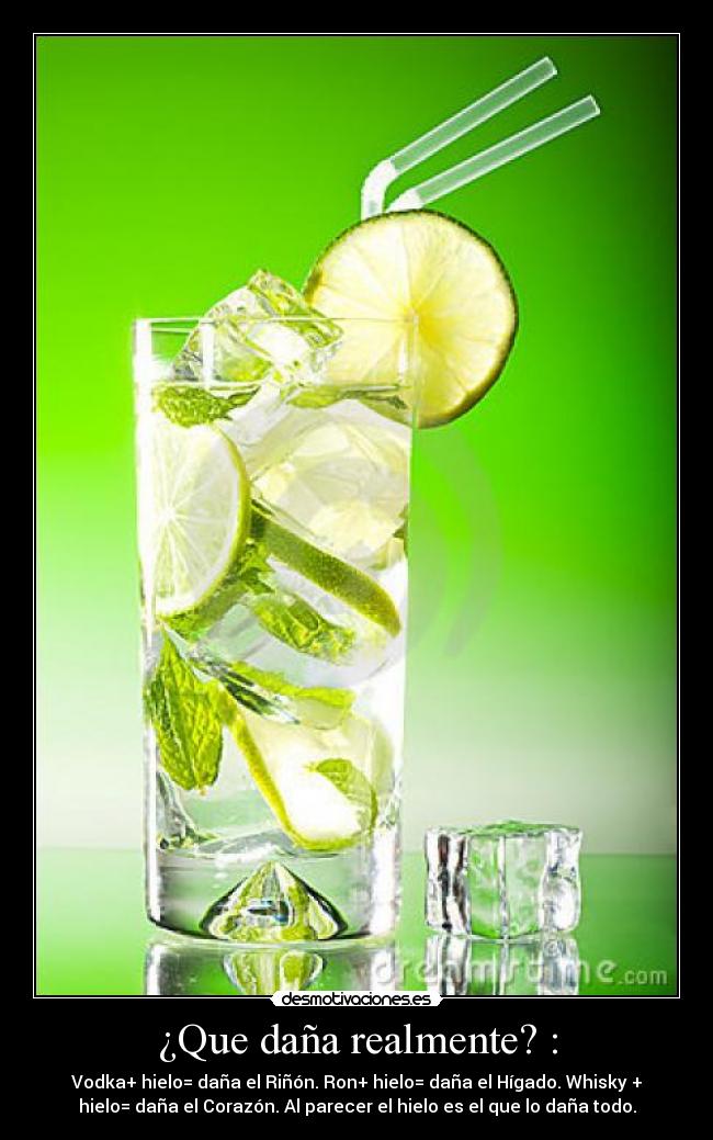 ¿Que daña realmente? : - Vodka+ hielo= daña el Riñón. Ron+ hielo= daña el Hígado. Whisky +
hielo= daña el Corazón. Al parecer el hielo es el que lo daña todo.