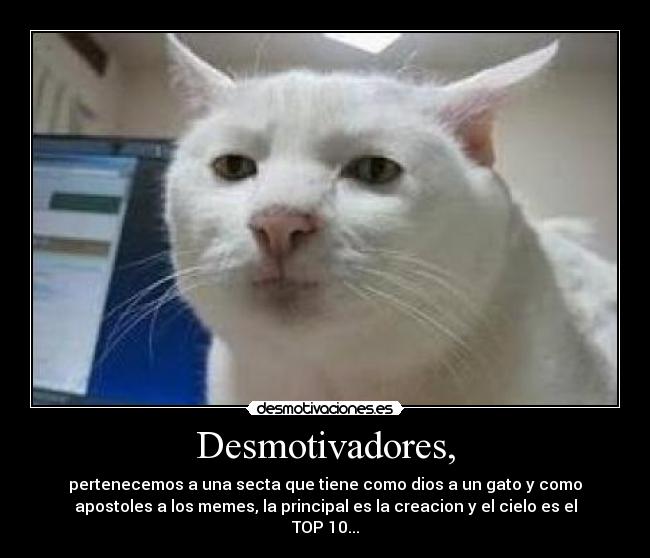 Desmotivadores, - pertenecemos a una secta que tiene como dios a un gato y como
apostoles a los memes, la principal es la creacion y el cielo es el
TOP 10...