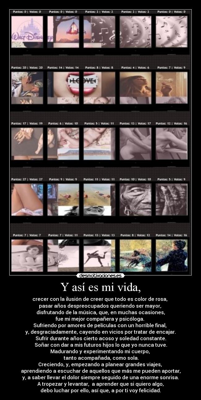 Y así es mi vida, - crecer con la ilusión de creer que todo es color de rosa, 
pasar años despreocupados queriendo ser mayor, 
disfrutando de la música, que, en muchas ocasiones,
fue mi mejor compañera y psicóloga. 
Sufriendo por amores de películas con un horrible final, 
y, desgraciadamente, cayendo en vicios por tratar de encajar.
Sufrir durante años cierto acoso y soledad constante.
Soñar con dar a mis futuros hijos lo que yo nunca tuve.
Madurando y experimentando mi cuerpo, 
 tanto acompañada, como sola.
Creciendo, y, empezando a planear grandes viajes, 
aprendiendo a escuchar de aquellos que más me pueden aportar,
y, a saber llevar el dolor siempre seguido de una enorme sonrisa.
A tropezar y levantar,  a aprender que si quiero algo,
debo luchar por ello, así que, a por ti voy felicidad.