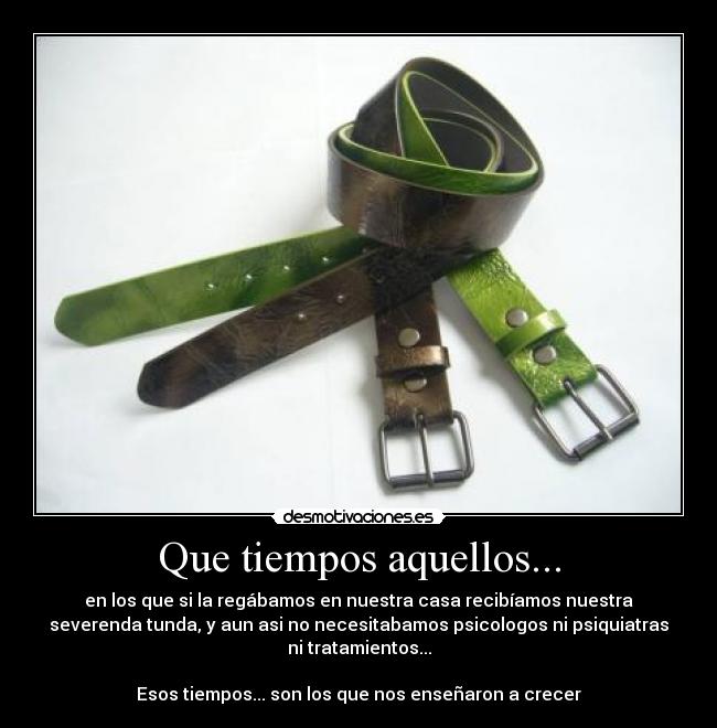 Que tiempos aquellos... - en los que si la regábamos en nuestra casa recibíamos nuestra
severenda tunda, y aun asi no necesitabamos psicologos ni psiquiatras
ni tratamientos...

Esos tiempos... son los que nos enseñaron a crecer
