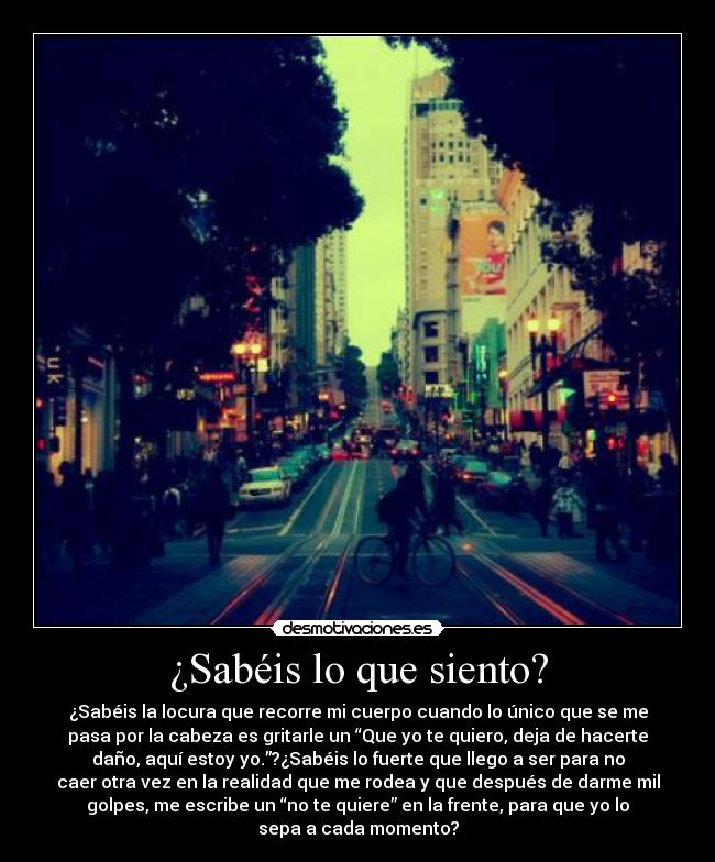 ¿Sabéis lo que siento? - ¿Sabéis la locura que recorre mi cuerpo cuando lo único que se me
pasa por la cabeza es gritarle un “Que yo te quiero, deja de hacerte
daño, aquí estoy yo.”?¿Sabéis lo fuerte que llego a ser para no
caer otra vez en la realidad que me rodea y que después de darme mil
golpes, me escribe un “no te quiere” en la frente, para que yo lo
sepa a cada momento?