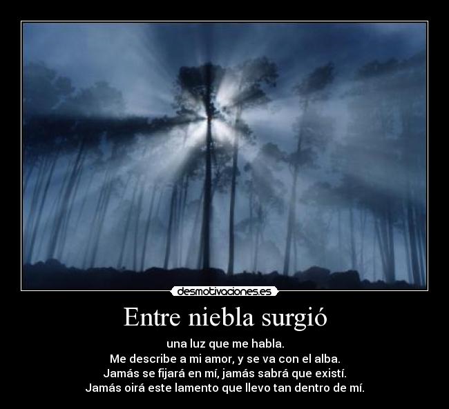 Entre niebla surgió - una luz que me habla.
Me describe a mi amor, y se va con el alba.
Jamás se fijará en mí, jamás sabrá que existí.
Jamás oirá este lamento que llevo tan dentro de mí.