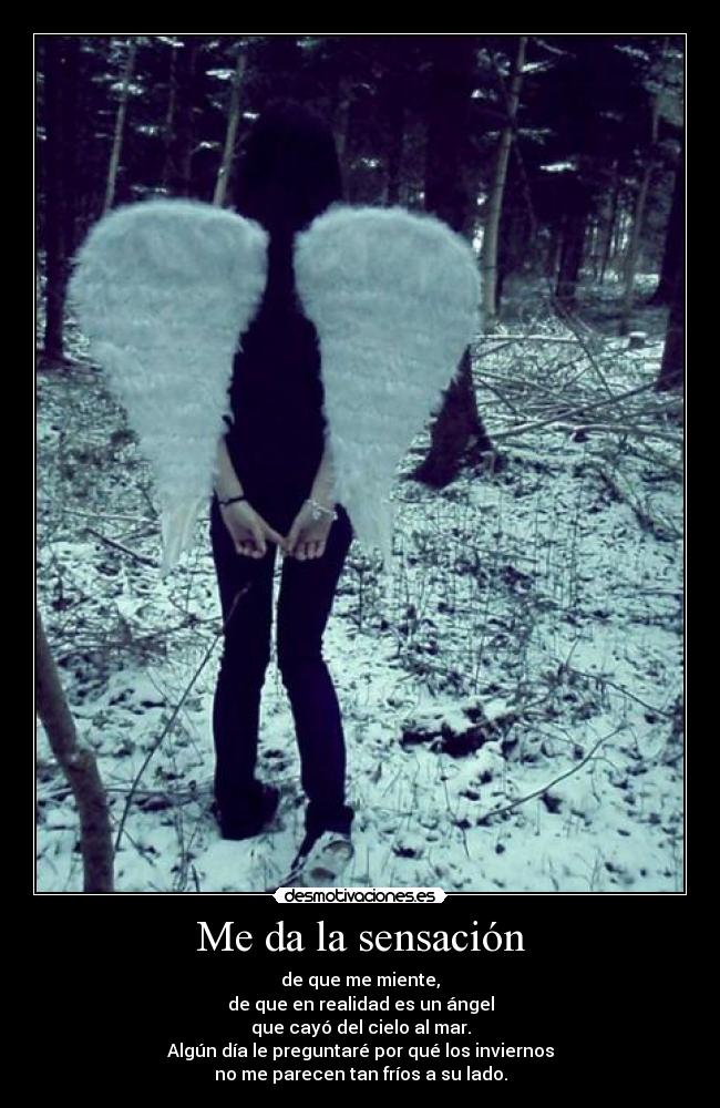 Me da la sensación - de que me miente,
de que en realidad es un ángel
que cayó del cielo al mar.
Algún día le preguntaré por qué los inviernos
no me parecen tan fríos a su lado.