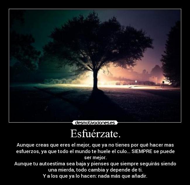 Esfuérzate. - Aunque creas que eres el mejor, que ya no tienes por qué hacer mas
esfuerzos, ya que todo el mundo te huele el culo... SIEMPRE se puede
ser mejor.
Aunque tu autoestima sea baja y pienses que siempre seguirás siendo
una mierda, todo cambia y depende de ti.
Y a los que ya lo hacen: nada más que añadir.