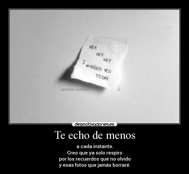 Te echo de menos - a cada instante.
Creo que ya solo respiro
por los recuerdos que no olvido
y esas fotos que jamás borraré.