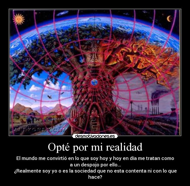 Opté por mi realidad - El mundo me convirtió en lo que soy hoy y hoy en día me tratan como
a un despojo por ello...
¿Realmente soy yo o es la sociedad que no esta contenta ni con lo que
hace?