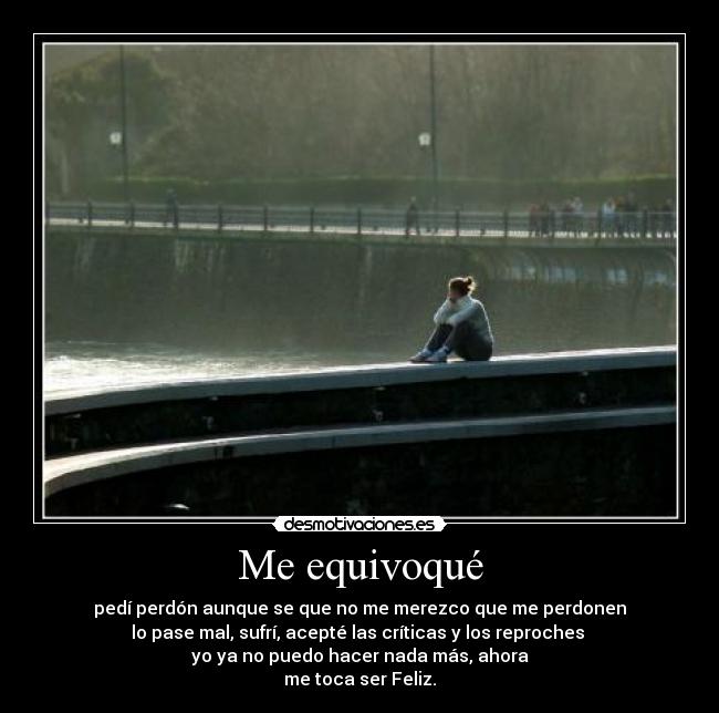 Me equivoqué - pedí perdón aunque se que no me merezco que me perdonen
lo pase mal, sufrí, acepté las críticas y los reproches 
yo ya no puedo hacer nada más, ahora
me toca ser Feliz.