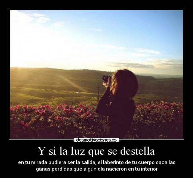 Y si la luz que se destella - en tu mirada pudiera ser la salida, el laberinto de tu cuerpo saca las
ganas perdidas que algún día nacieron en tu interior