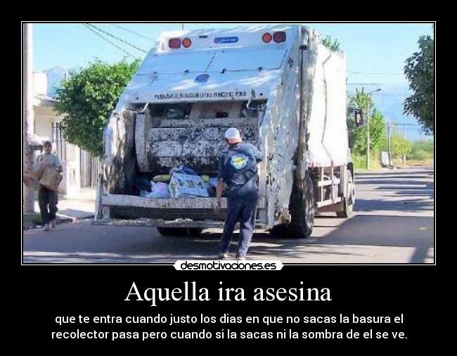 Aquella ira asesina - que te entra cuando justo los dias en que no sacas la basura el
recolector pasa pero cuando si la sacas ni la sombra de el se ve.