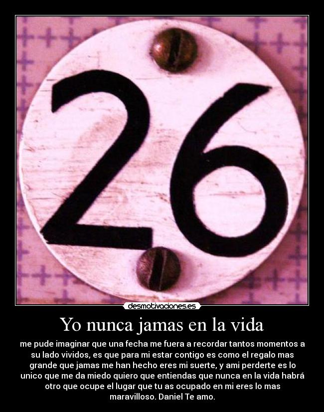Yo nunca jamas en la vida - me pude imaginar que una fecha me fuera a recordar tantos momentos a
su lado vividos, es que para mi estar contigo es como el regalo mas
grande que jamas me han hecho eres mi suerte, y ami perderte es lo
unico que me da miedo quiero que entiendas que nunca en la vida habrá
otro que ocupe el lugar que tu as ocupado en mi eres lo mas
maravilloso. Daniel Te amo.