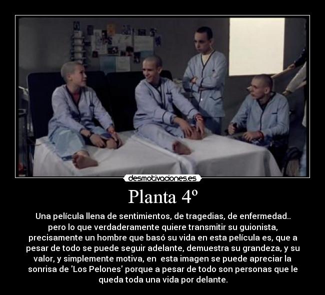 Planta 4º - Una película llena de sentimientos, de tragedias, de enfermedad..
pero lo que verdaderamente quiere transmitir su guionista,
precisamente un hombre que basó su vida en esta película es, que a
pesar de todo se puede seguir adelante, demuestra su grandeza, y su
valor, y simplemente motiva, en esta imagen se puede apreciar la
sonrisa de Los Pelones porque a pesar de todo son personas que le
queda toda una vida por delante.