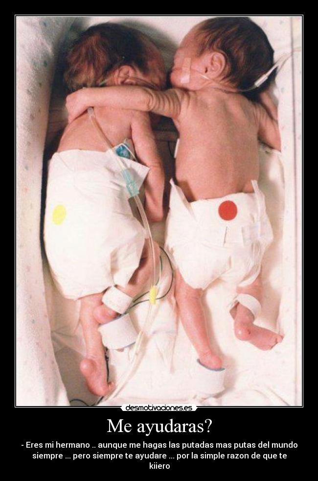 Me ayudaras? - - Eres mi hermano .. aunque me hagas las putadas mas putas del mundo
siempre ... pero siempre te ayudare ... por la simple razon de que te
kiiero