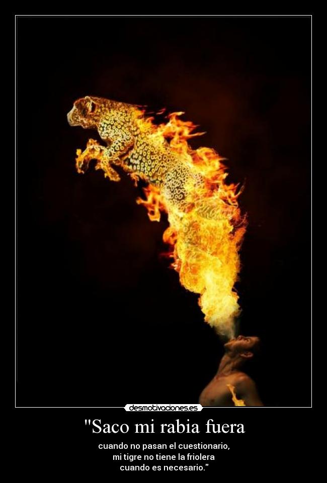 Saco mi rabia fuera - cuando no pasan el cuestionario,
mi tigre no tiene la friolera
cuando es necesario.
