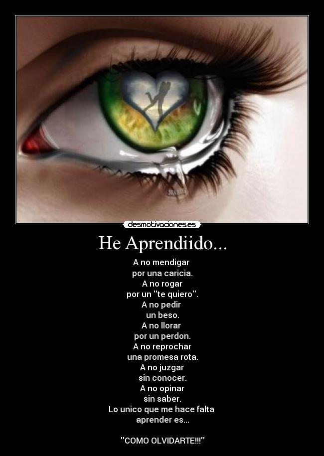 He Aprendiido... - A no mendigar
por una caricia.
A no rogar
por un te quiero.
A no pedir
un beso.
A no llorar
por un perdon.
A no reprochar
una promesa rota.
A no juzgar
sin conocer.
A no opinar
sin saber.
Lo unico que me hace falta
aprender es...
COMO OLVIDARTE!!!