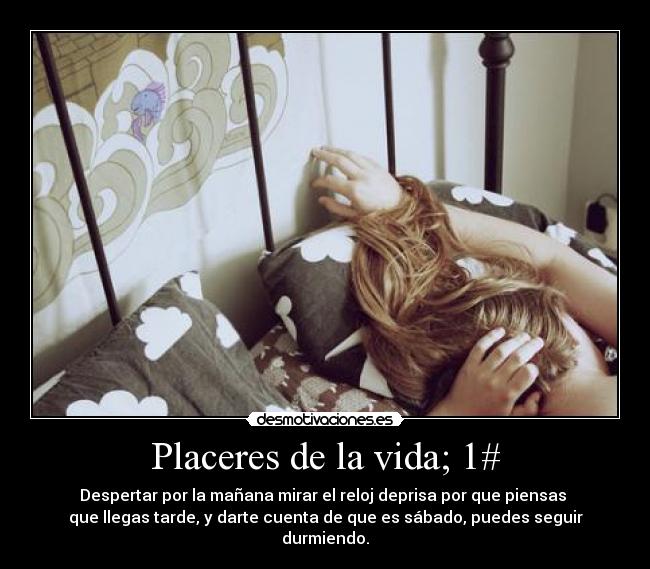 Placeres de la vida; 1# - Despertar por la mañana mirar el reloj deprisa por que piensas 
que llegas tarde, y darte cuenta de que es sábado, puedes seguir durmiendo.
