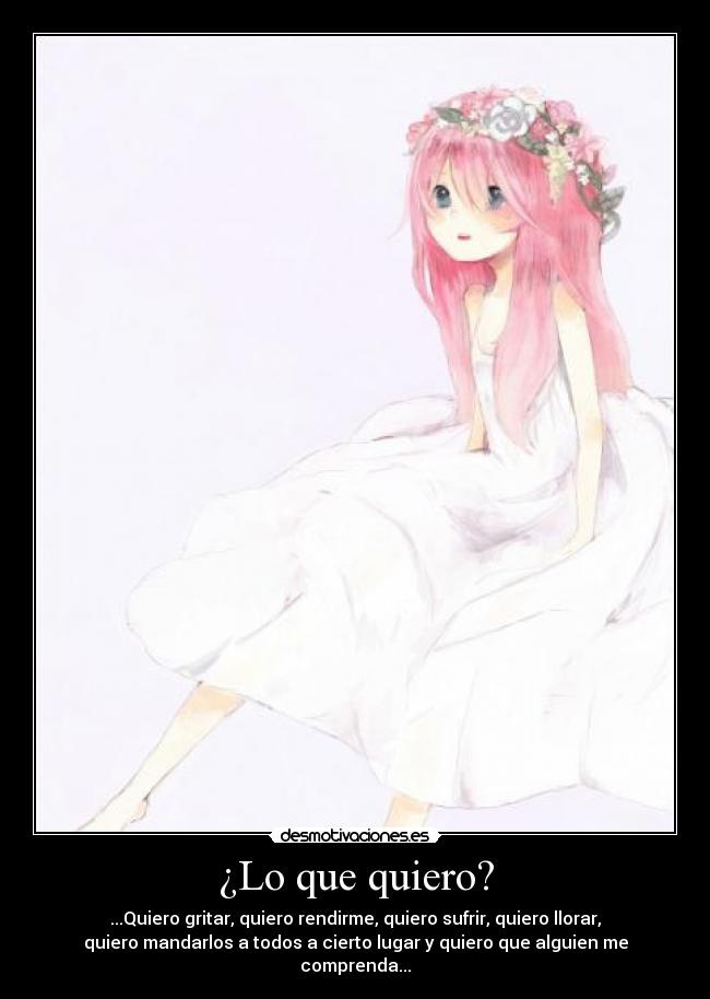 ¿Lo que quiero? - ...Quiero gritar, quiero rendirme, quiero sufrir, quiero llorar,
quiero mandarlos a todos a cierto lugar y quiero que alguien me
comprenda...
