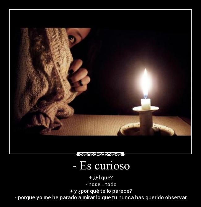 - Es curioso - + ¿El que?
- nose... todo
+ y ¿por qué te lo parece?
- porque yo me he parado a mirar lo que tu nunca has querido observar