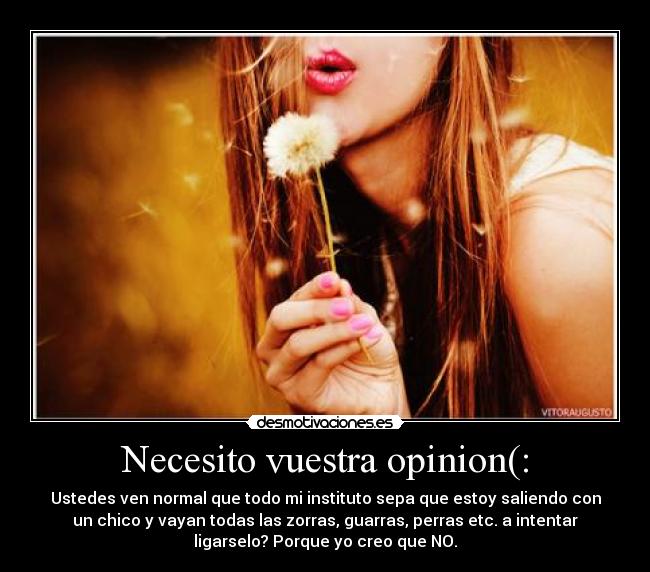 Necesito vuestra opinion(: - Ustedes ven normal que todo mi instituto sepa que estoy saliendo con
un chico y vayan todas las zorras, guarras, perras etc. a intentar
ligarselo? Porque yo creo que NO.