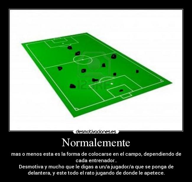 Normalemente - mas o menos esta es la forma de colocarse en el campo, dependiendo de
cada entrenador..
Desmotiva y mucho que le digas a un/a jugador/a que se ponga de
delantera, y este todo el rato jugando de donde le apetece.