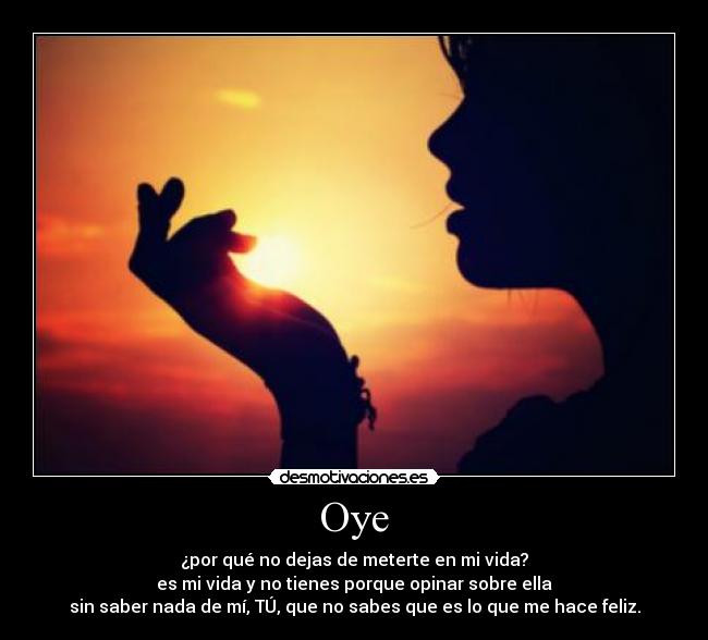 Oye - ¿por qué no dejas de meterte en mi vida?
es mi vida y no tienes porque opinar sobre ella
sin saber nada de mí, TÚ, que no sabes que es lo que me hace feliz.