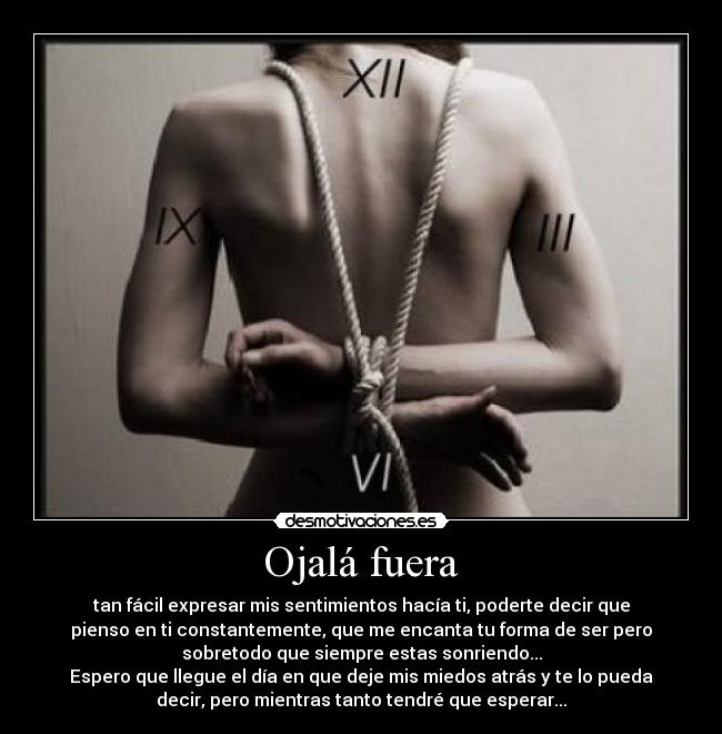 Ojalá fuera - tan fácil expresar mis sentimientos hacía ti, poderte decir que
pienso en ti constantemente, que me encanta tu forma de ser pero
sobretodo que siempre estas sonriendo...
Espero que llegue el día en que deje mis miedos atrás y te lo pueda
decir, pero mientras tanto tendré que esperar...
