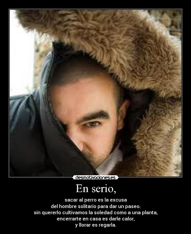 En serio, - sacar al perro es la excusa
del hombre solitario para dar un paseo.
sin quererlo cultivamos la soledad como a una planta,
encerrarte en casa es darle calor,
y llorar es regarla.