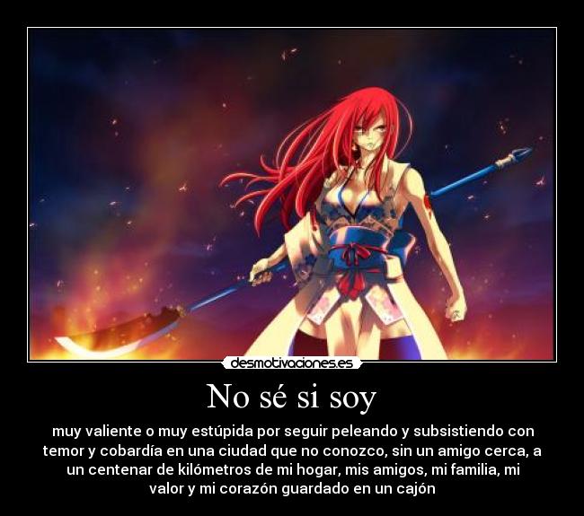 No sé si soy - muy valiente o muy estúpida por seguir peleando y subsistiendo con
temor y cobardía en una ciudad que no conozco, sin un amigo cerca, a
un centenar de kilómetros de mi hogar, mis amigos, mi familia, mi
valor y mi corazón guardado en un cajón