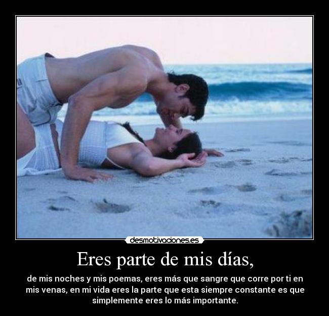 Eres parte de mis días, - de mis noches y mis poemas, eres más que sangre que corre por ti en
mis venas, en mi vida eres la parte que esta siempre constante es que
simplemente eres lo más importante.