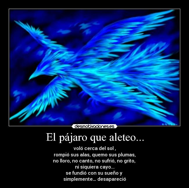 El pájaro que aleteo... - voló cerca del sol ,
rompió sus alas, quemo sus plumas,
no lloro, no canto, no sufrió, no grito,
ni siquiera cayo...
se fundió con su sueño y
simplemente… desapareció