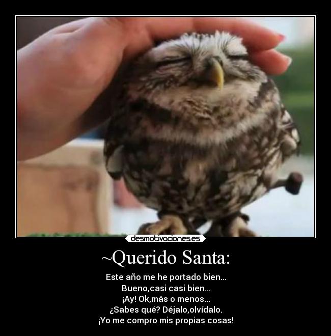~Querido Santa: - Este año me he portado bien...
Bueno,casi casi bien...
¡Ay! Ok,más o menos...
¿Sabes qué? Déjalo,olvídalo.
¡Yo me compro mis propias cosas!
