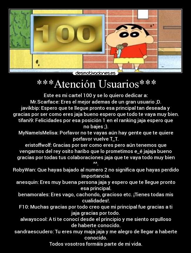 ***Atención Usuarios*** - Este es mi cartel 100 y se lo quiero dedicar a:
Mr.Scarface: Eres el mejor ademas de un gran usuario ;D.
javikbip: Espero que te llegue pronto esa principal tan deseada y
gracias por ser como eres jaja bueno espero que todo te vaya muy bien.
tifani9: Felicidades por esa posición 1 en el ranking jaja espero que
no bajes ;).
MyNameIsMelisa: Porfavor no te vayas aún hay gente que te quiere
porfavor vuelve T_T.
eristoffwolf: Gracias por ser como eres pero aún tenemos que
vengarnos del rey osito haribo que lo prometimos e_é jajaja bueno
gracias por todas tus colaboraciones jaja que te vaya todo muy bien
^^.
RobyWan: Que hayas bajado al numero 2 no significa que hayas perdido
importancia.
anesquin: Eres muy buena persona jaja y espero que te llegue pronto
esa principal.
benamorales: Eres vago, cachondo, gracioso etc. ¡Tienes todas mis
cualidades!.
F10: Muchas gracias por todo creo que mi principal fue gracias a ti
jaja gracias por todo.
alwayscool: A ti te conocí desde el principio y me siento orgulloso
de haberte conocido.
sandraescudero: Tu eres muy maja jaja y me alegro de llegar a haberte
conocido.
Todos vosotros formáis parte de mi vida.