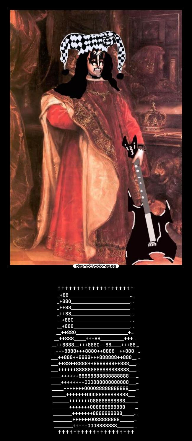 - † † † † † † † † † † † † † † † † † † † †
_+88__________________________...
_+880_________________________...
_++88_________________________...
_++88_________________________...
__+880________________________...
__+888________________________...
__++880______________________+...
__++888_____+++88__________+++...
__++8888__+++8880++88____+++88...
__+++8888+++8880++8888__++888_...
___++888++8888+++888888++888__...
___++88++8888++8888888++888___...
___++++++888888888888888888___...
____++++++88888888888888888___...
____++++++++000888888888888___...
_____+++++++000088888888888___...
______+++++++00088888888888___...
_______+++++++088888888888____...
_______+++++++088888888888____...
________+++++++8888888888_____...
________++++++0088888888______...
________+++++0008888888_______...
† † † † † † † † † † † † † † † † † † † †