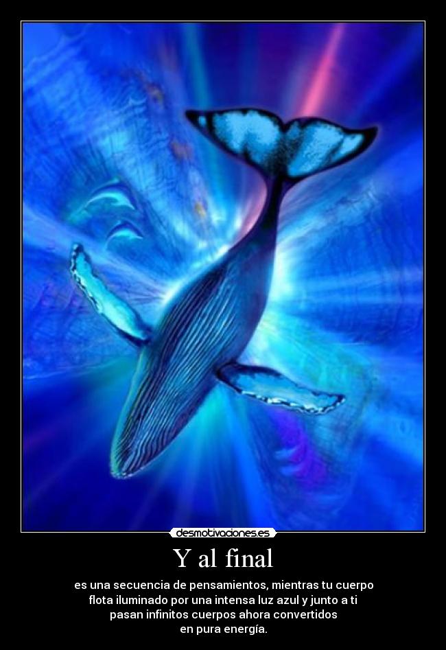 Y al final - es una secuencia de pensamientos, mientras tu cuerpo
flota iluminado por una intensa luz azul y junto a ti
pasan infinitos cuerpos ahora convertidos
en pura energía.